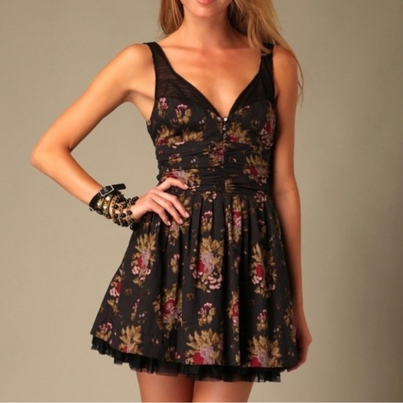 Free People Dresses & Skirts - Free People cabbage rose mini dress turquoise floral 10 ruffle EUC